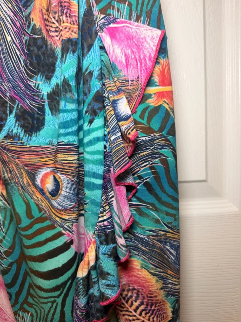 Joseph Ribkoff Faux Wrap Dress Peacock Print Ruffle Hem Stretch Midi Colorful - Picture 7 of 15